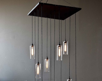 The Cascade Square - Ceiling Mounted Hanging Glass Cylinder Chandelier - Modern Lighting - Foyer Light - Entryway Lighting