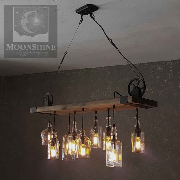 The Chesapeake - Reclaimed Wood Panel Chandelier With Custom Built Hardware and Recycled Glass Bottles - Farmhouse Rustic Lighting