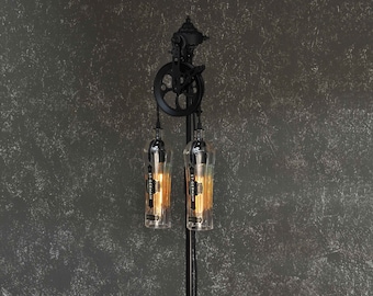 The Gatsby - St. Germain Edition - Vintage Style Floor Lamp With Pulley Wheel And Recycled Glass Bottles