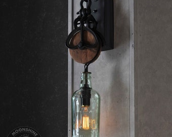 Wooden Pulley Wheel Wall Sconce With Recycled Gin Bottle Fixture