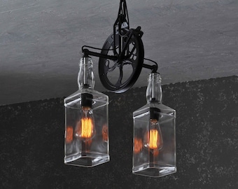 The Carriage House Large Format - Hanging Pendant Pulley Wheel Light With Recycled Whiskey Bottles and Edison Bulbs