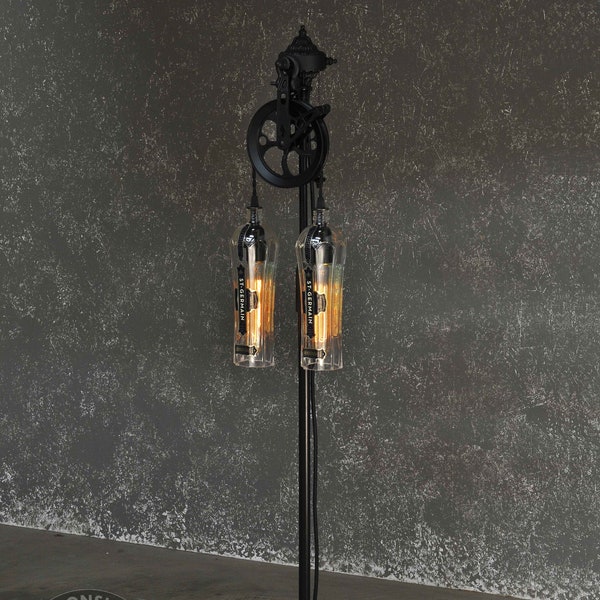 The Gatsby - St. Germain Edition - Vintage Style Floor Lamp With Pulley Wheel And Recycled Glass Bottles