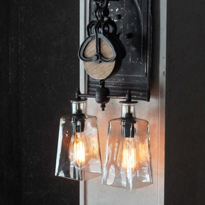 The Southwestern - Pulley Wheel Wall Sconce With Recycled Glass Bottles - Vintage Style Bulbs - Modern Rustic Decor - Farmhouse Decor image 1