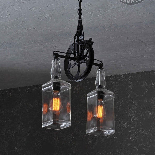 The Carriage House Large Format - Hanging Pendant Pulley Wheel Light With Recycled Whiskey Bottles and Edison Bulbs