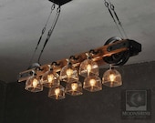 The Carmelle -Custom Chandelier With Recycled Glass and Polished Wood-Rustic Lighting,Farmhouse Light, pulley light,Bar Light,kitchen light