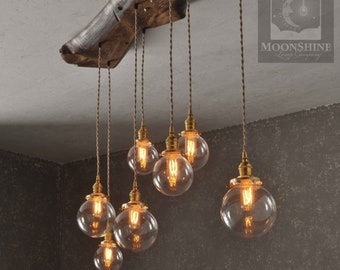 The Big Sur Glass Orb Live Edge Wood Chandelier With Vintage Style Edison Bulbs - Modern Rustic Lighting