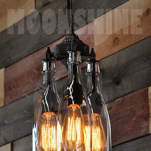 Recycled Bottle Chandelier - The Marquis Clear 3 Light Hanging Pendant - Customizable Finish - Vintage Style Edison Bulbs - Rustic Lighting