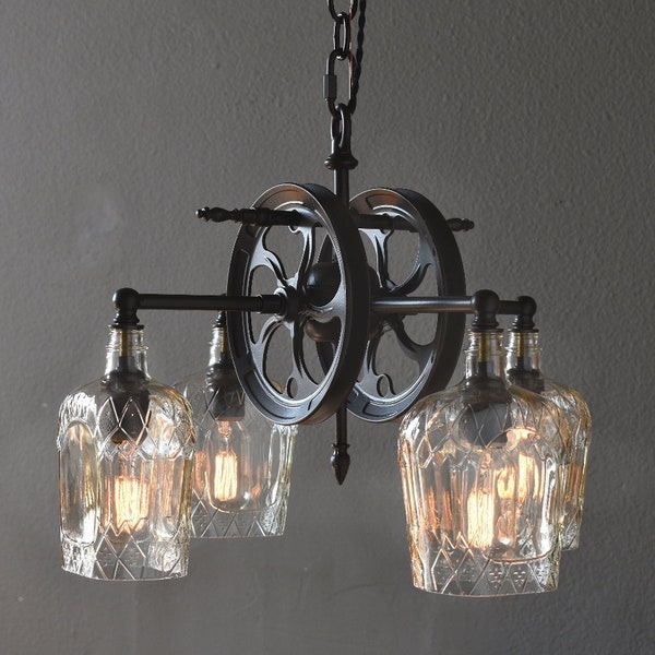 Carriage House 4-Light Chandelier, Rustic Modern chandelier with recycled glass bottles