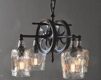 Carriage House 4-Light Chandelier, Rustic Modern chandelier with recycled glass bottles