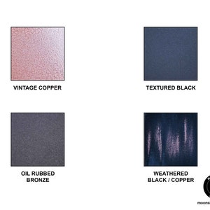May include: Four color swatches showing different finishes for a lamp. The swatches are labeled "Vintage Copper", "Textured Black", "Oil Rubbed Bronze", and "Weathered Black/Copper".