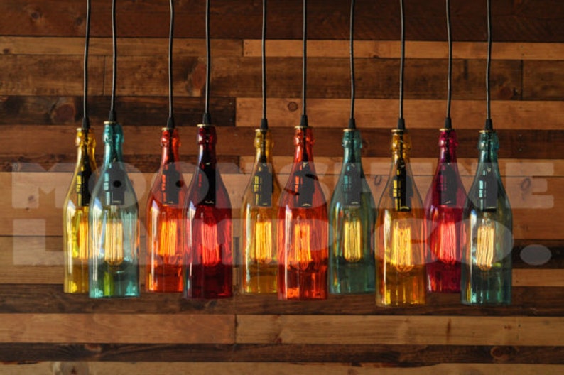 The Mardi Gras 10-Light Modern Recycled Bottle Chandelier With Colored Glass Bottles And Steel Canopy With Customizable Finish image 3