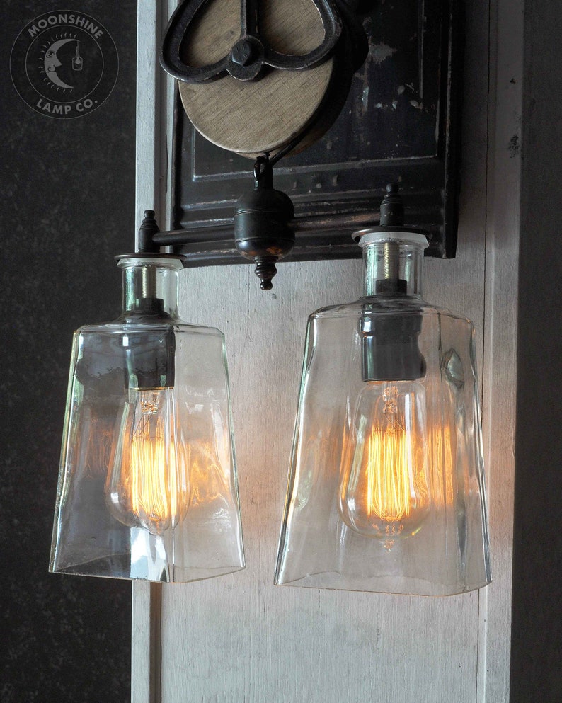 The Southwestern - Pulley Wheel Wall Sconce With Recycled Glass Bottles - Vintage Style Bulbs - Modern Rustic Decor - Farmhouse Decor image 4