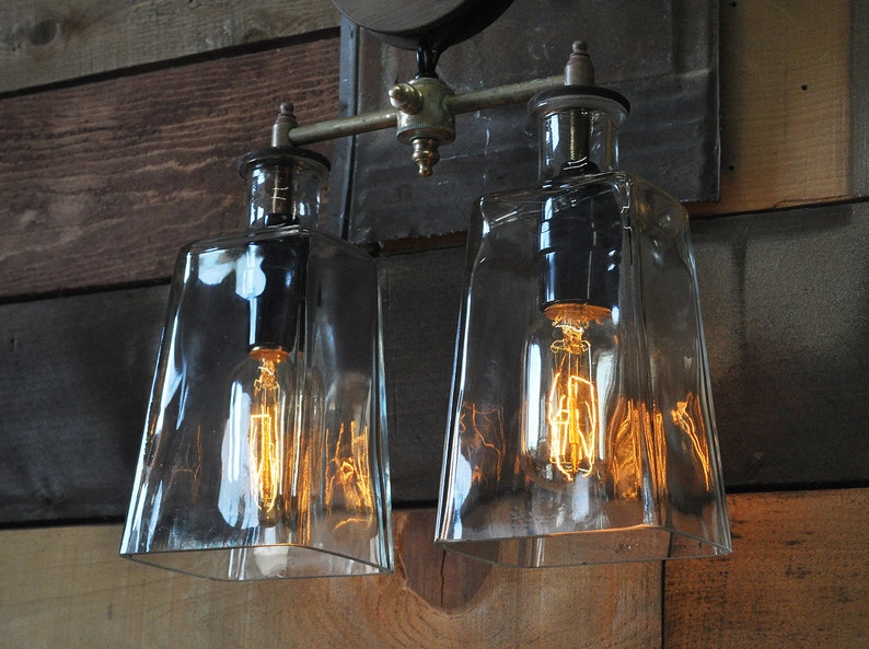 The Southwestern - Pulley Wheel Wall Sconce With Recycled Glass Bottles - Vintage Style Bulbs - Modern Rustic Decor - Farmhouse Decor image 6