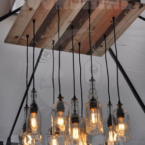 The Californian, 9 Light Recycled Bottle Chandelier With Wood Canopy And Vintage Style Bulbs - Modern Rustic Lighting