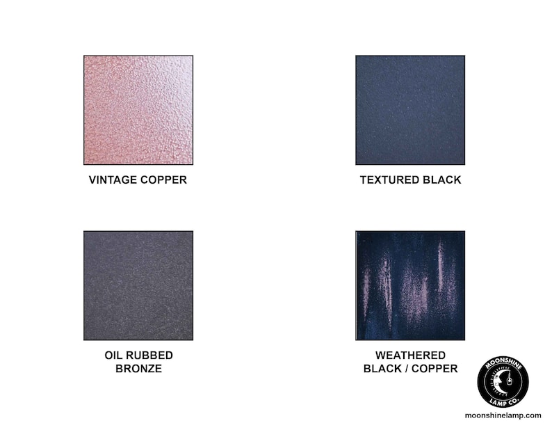 Puede incluir: Cuatro muestras de color que muestran diferentes acabados para una l&aacute;mpara. Las muestras est&aacute;n etiquetadas como "Cobre Vintage", "Negro Texturizado", "Bronce Frotado con Aceite" y "Negro Desgastado/Cobre".