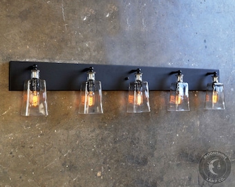 5 Fixture Industrial Vanity Light With Recycled Glass Tequila Bottles