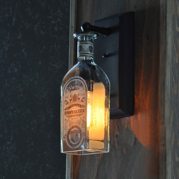 Fortaleza Tequila Glass Bottle Wall Sconce With Customizable Metal Finish and Vintage Style Edison Bulb - Modern Rustic Decor