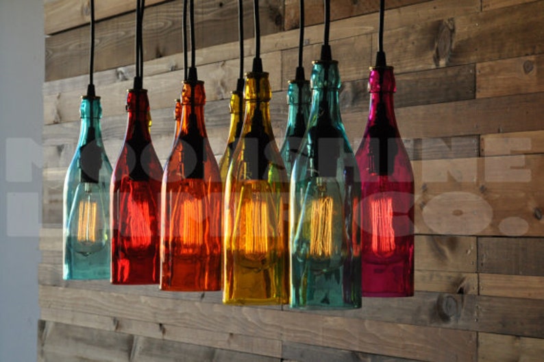 The Mardi Gras 10-Light Modern Recycled Bottle Chandelier With Colored Glass Bottles And Steel Canopy With Customizable Finish image 2