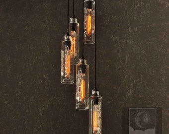 5 Light Recycled Bottle Chandelier - Voss Water Bottles - Modern Rustic Lighting - Custom Made Chandelier With Vintage Style Edison Bulbs