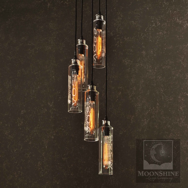 5 Light Recycled Bottle Chandelier - Voss Water Bottles - Modern Rustic Lighting - Custom Made Chandelier With Vintage Style Edison Bulbs