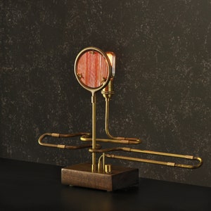 May include: A brass table lamp with a round, red-orange glass shade and a unique, curved design. The lamp has a wooden base and a single light bulb.