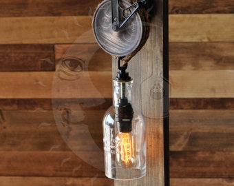 Steampunk Desk Lamp - The Chandler - Recycled Glass Bottle and Pulley Wheel Wooden Desk Lamp