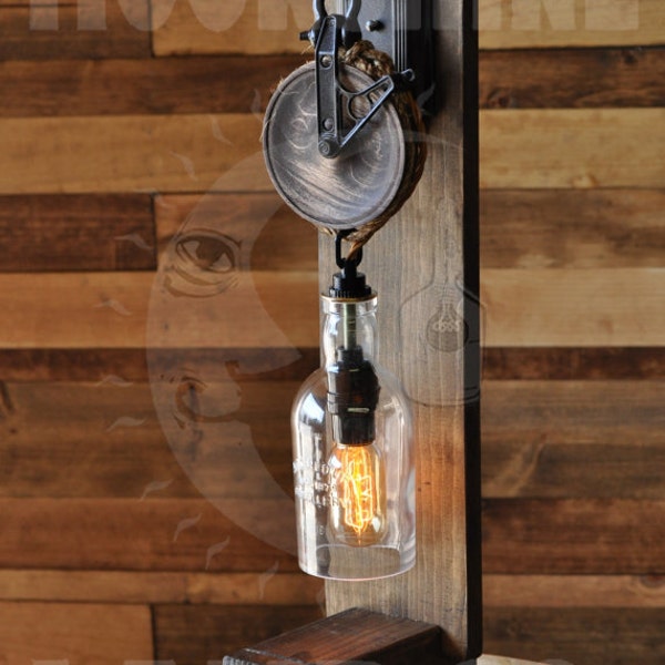 Steampunk Desk Lamp - The Chandler - Recycled Glass Bottle and Pulley Wheel Wooden Desk Lamp