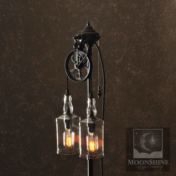 The Gatsby Vintage Style Floor Lamp With Pulley Wheel And Recycled Glass Whiskey Bottles Edison Bulbs Rustic Lighting Farmhouse