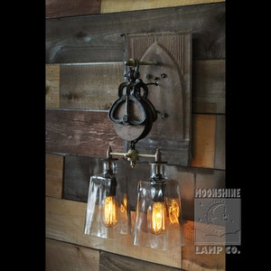 The Southwestern - Pulley Wheel Wall Sconce With Recycled Glass Bottles - Vintage Style Bulbs - Modern Rustic Decor - Farmhouse Decor image 5