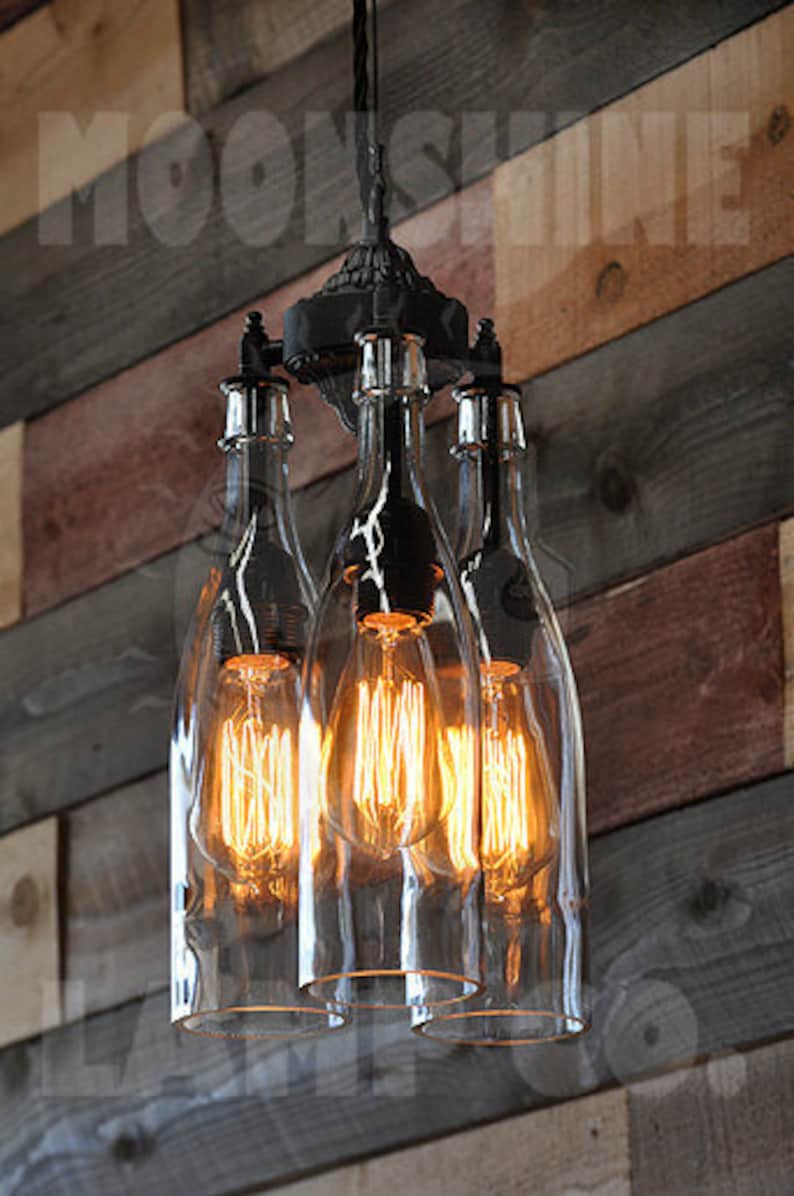 Recycled Bottle Chandelier The Marquis Clear 3 Light Hanging Pendant Customizable Finish Vintage Style Edison Bulbs Rustic Lighting