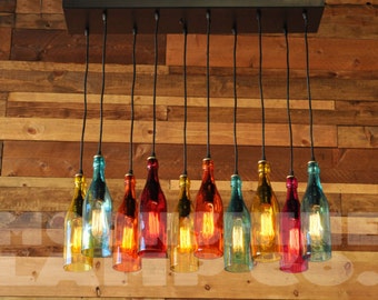 The Mardi Gras - 10-Light Modern Recycled Bottle Chandelier With Colored Glass Bottles And Steel Canopy With Customizable Finish