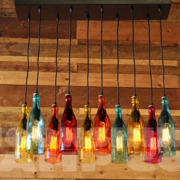 The Mardi Gras - 10-Light Modern Recycled Bottle Chandelier With Colored Glass Bottles And Steel Canopy With Customizable Finish