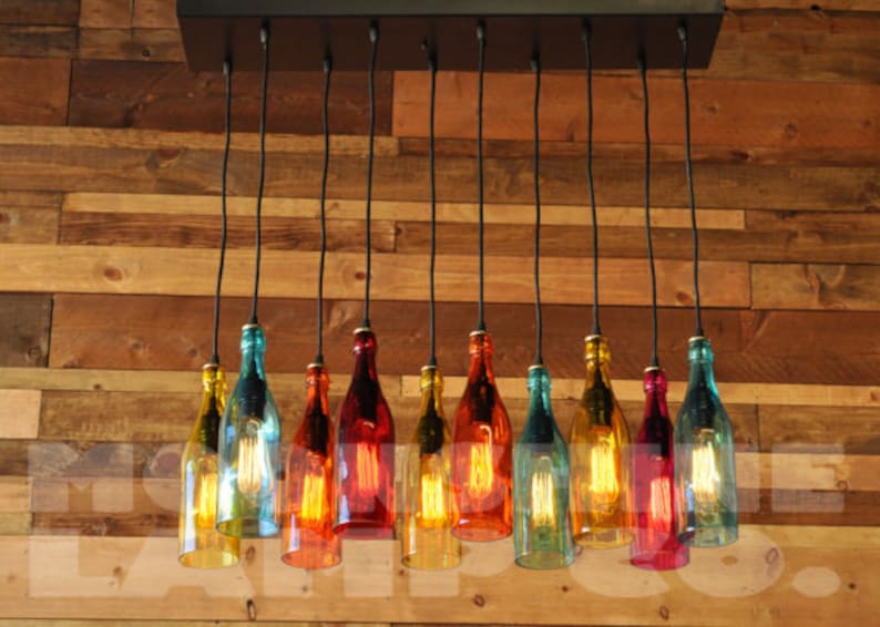 The Mardi Gras 10-Light Modern Recycled Bottle Chandelier With Colored Glass Bottles And Steel Canopy With Customizable Finish image 1
