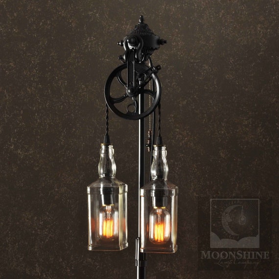 The Gatsby Vintage Style Floor Lamp With Pulley Wheel And Recycled Glass Whiskey Bottles Edison Bulbs Rustic Lighting Farmhouse
