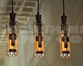 St. Germain Liqueur Bottle Hanging Pendant Light - Bar Lighting - Vintage Style Edison Bulbs - Rustic Decor - Farmhouse Lighting