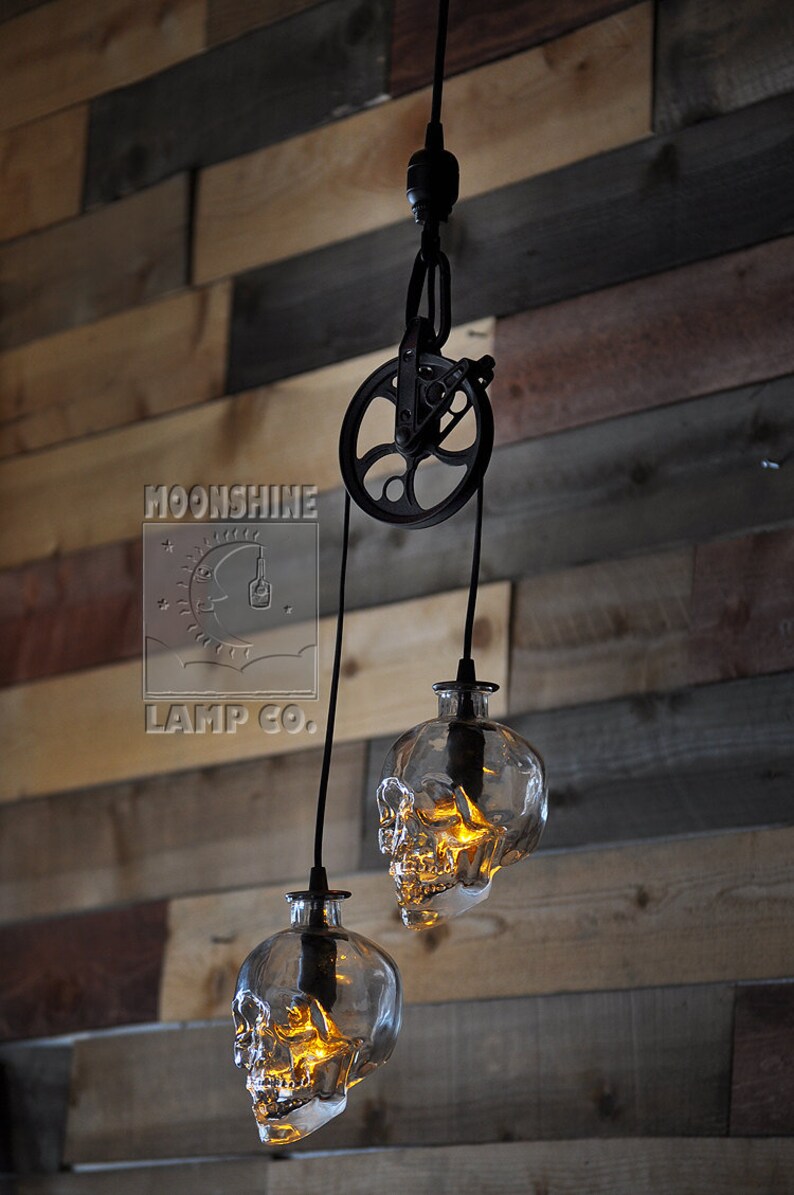 Crystal Head Vodka Skull Pulley Wheel Pendant Chandelier Image 0
