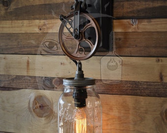 Mason Jar Glass Pulley Wheel Wall Sconce With Customizable Metal Finish and Vintage Style Edison Bulb