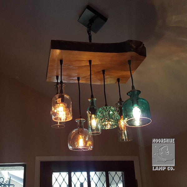 The Big Sur 24" - Glass and Wood Chandelier With Colored Recycled Glass Bottles and Vintage Style Edison Bulbs - Farmhouse Light