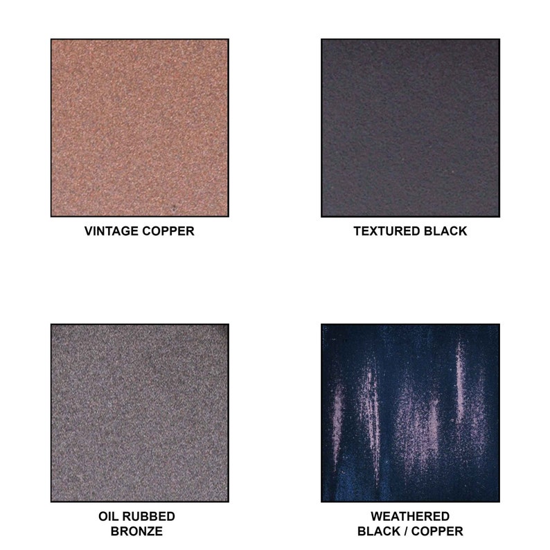 May include: Four square samples of paint colors.  The colors are Vintage Copper, Textured Black, Oil Rubbed Bronze, and Weathered Black/Copper.