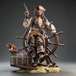 May include: A detailed figurine of a pirate captain with dreadlocks, a tricorn hat, and a brown vest, holding a flintlock pistol. The figure stands before a large wooden ship wheel, next to a treasure chest with a small monkey and a glass bottle.
