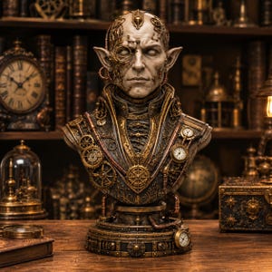 May include: A detailed bust of a humanoid figure with pointed ears, featuring an intricate mechanical design with visible gears, pipes, and small clock faces integrated into the chest armor and headpiece, finished in a dark metallic bronze tone.