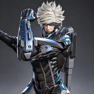 May include: A cyborg figure with spiky white hair and a black eye covering. The character wears a metallic blue and black armored suit with intricate mechanical plating, a high collar, and a large sword sheath mounted on the back of the torso.