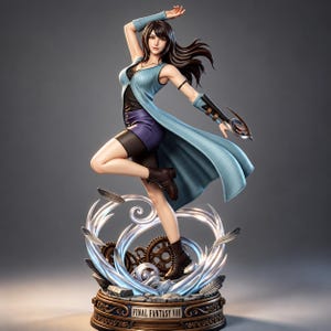 Puede incluir: Una figura dinámica de un personaje con cabello largo y oscuro, que viste un chaleco azul claro sin mangas sobre una blusa negra y pantalones cortos morados, con botas y protectores de brazo de color marrón oscuro. La base presenta energía azul arremolinada, engranajes metálicos y plumas, con una placa que dice FINAL FANTASY VIII.
