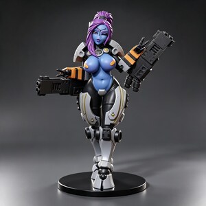 May include: A collectible figurine of a blue-skinned character with purple hair in a high ponytail. The figure wears black and white robotic armor with orange accents, holds two large black blasters, and stands on a circular black base.