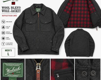 Veste de travail Woolrich pour homme, taille L, en laine mélangée, grise, à carreaux Buffalo, doublée et zippée.
