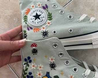 Hand Embroidered Woodland Character High Top Sneakers, Sage Green Floral Shoes