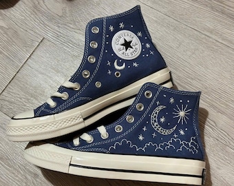 Celestial Moon Embroidered High Top Sneakers, Starry Night Canvas Shoes, Handmade Galaxy Sneakers