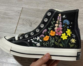 Wildflower Embroidered High Top Sneakers, Floral Canvas Shoes, Handmade Botanical Shoes
