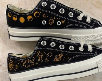 Hand Embroidered Galaxy High-Top Sneakers, Celestial Planet Shoes, Astronomy Gift