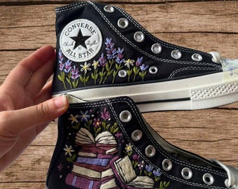 Hand Embroidered Book Lover High Top Sneakers, Literary Floral Art Shoes